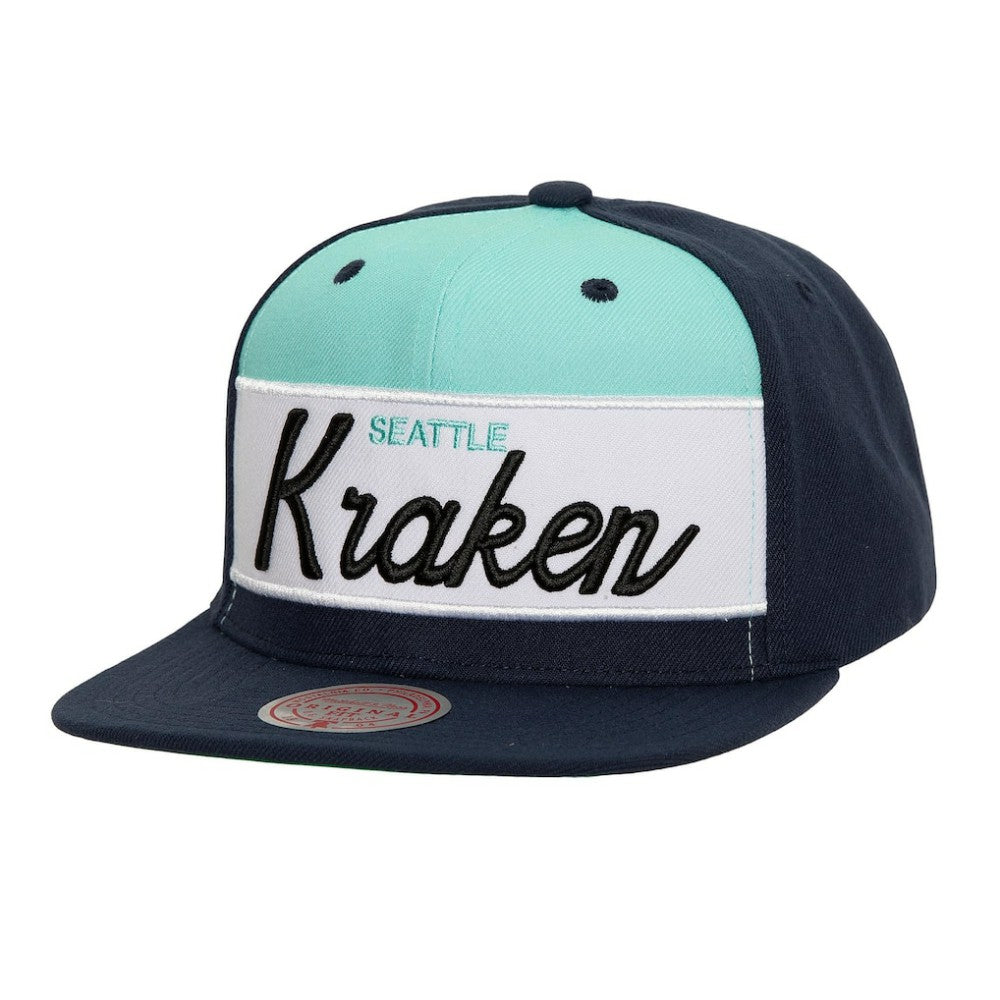 NHL Deep Sea Blue Seattle Kraken Mitchell & Ness Retro Script Colorblock Snapback Hat