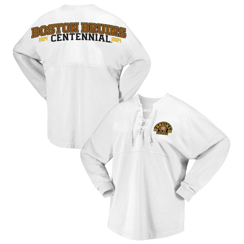 NHL White Boston Bruins Fanatics Women's 100th Anniversary Spirit Jersey T-Shirt