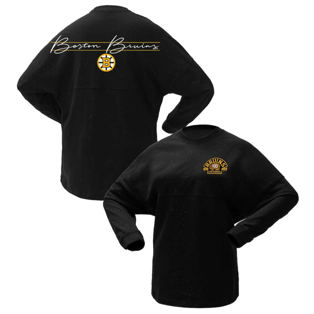 NHL Black Boston Bruins Fanatics Women's 100th Anniversary Sparkle Spirit Jersey T-Shirt