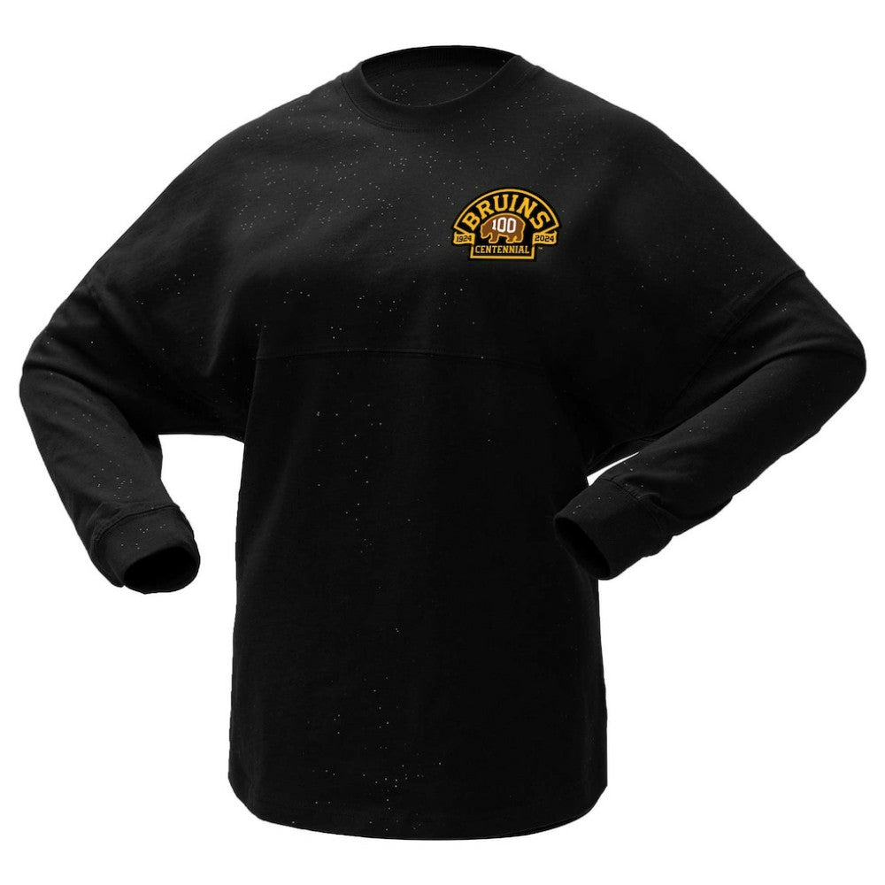 NHL Black Boston Bruins Fanatics Women's 100th Anniversary Sparkle Spirit Jersey T-Shirt
