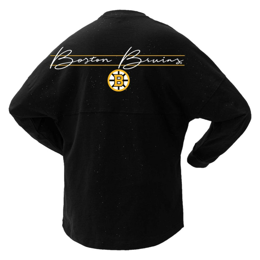 NHL Black Boston Bruins Fanatics Women's 100th Anniversary Sparkle Spirit Jersey T-Shirt