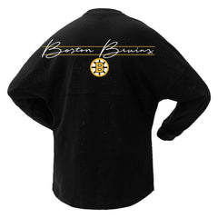 NHL Black Boston Bruins Fanatics Women's 100th Anniversary Sparkle Spirit Jersey T-Shirt