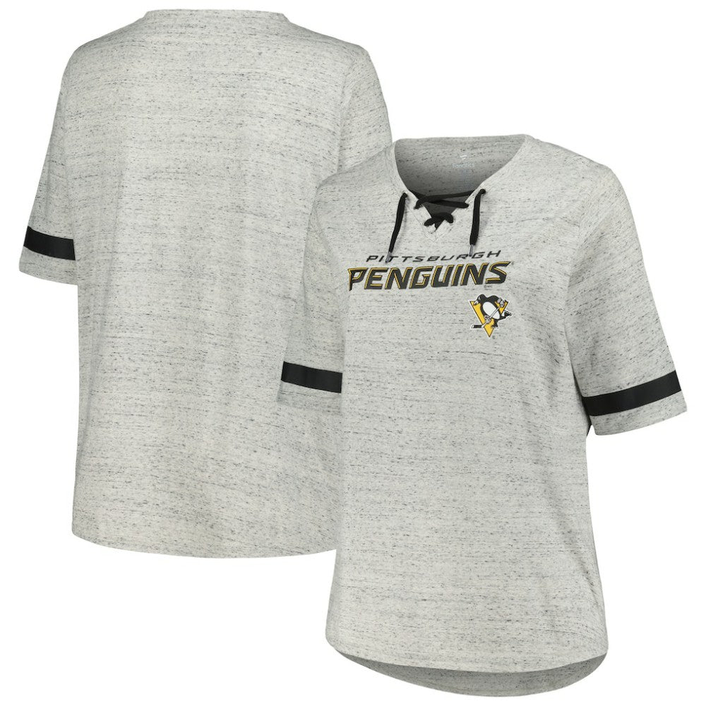 NHL Heather Gray Pittsburgh Penguins Fanatics Women's Plus Size Lace-Up T-Shirt
