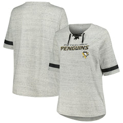 NHL Heather Gray Pittsburgh Penguins Fanatics Women's Plus Size Lace-Up T-Shirt