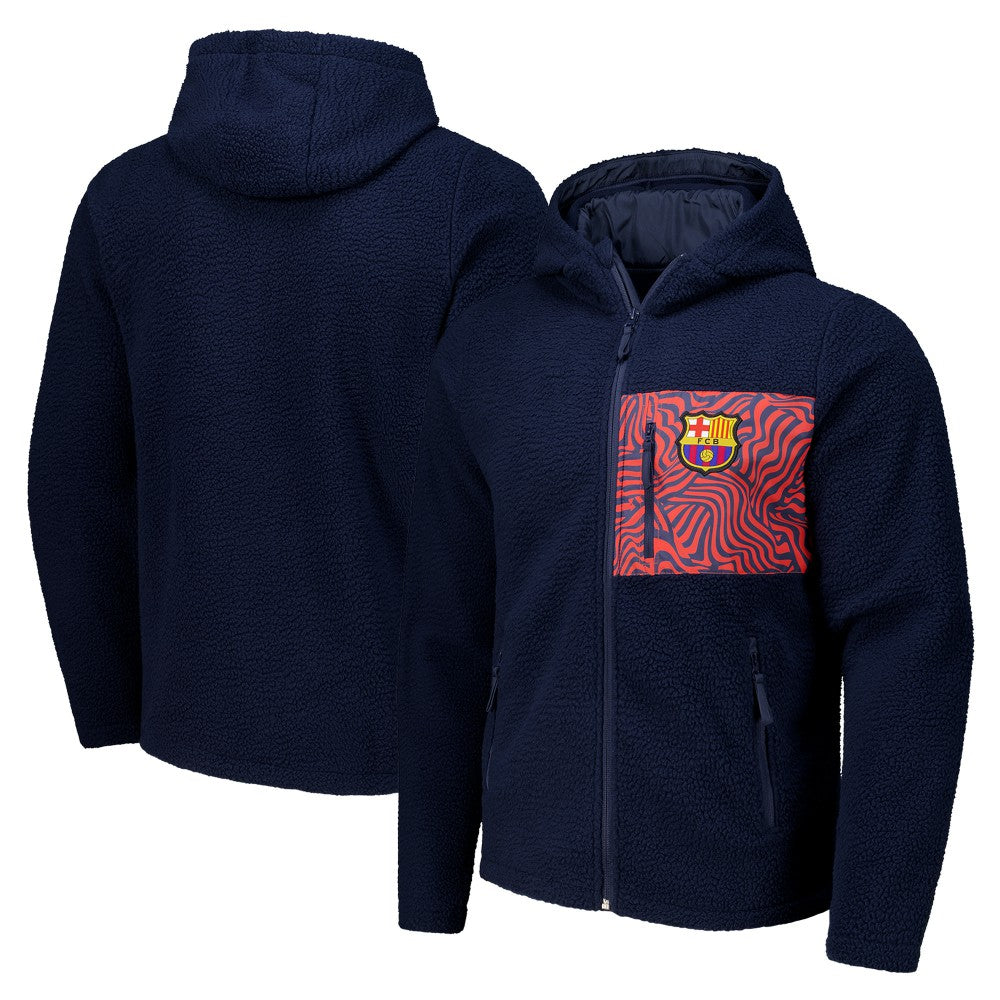Barcelona Sherpa Full-Zip Hoodie Jacket -  Navy