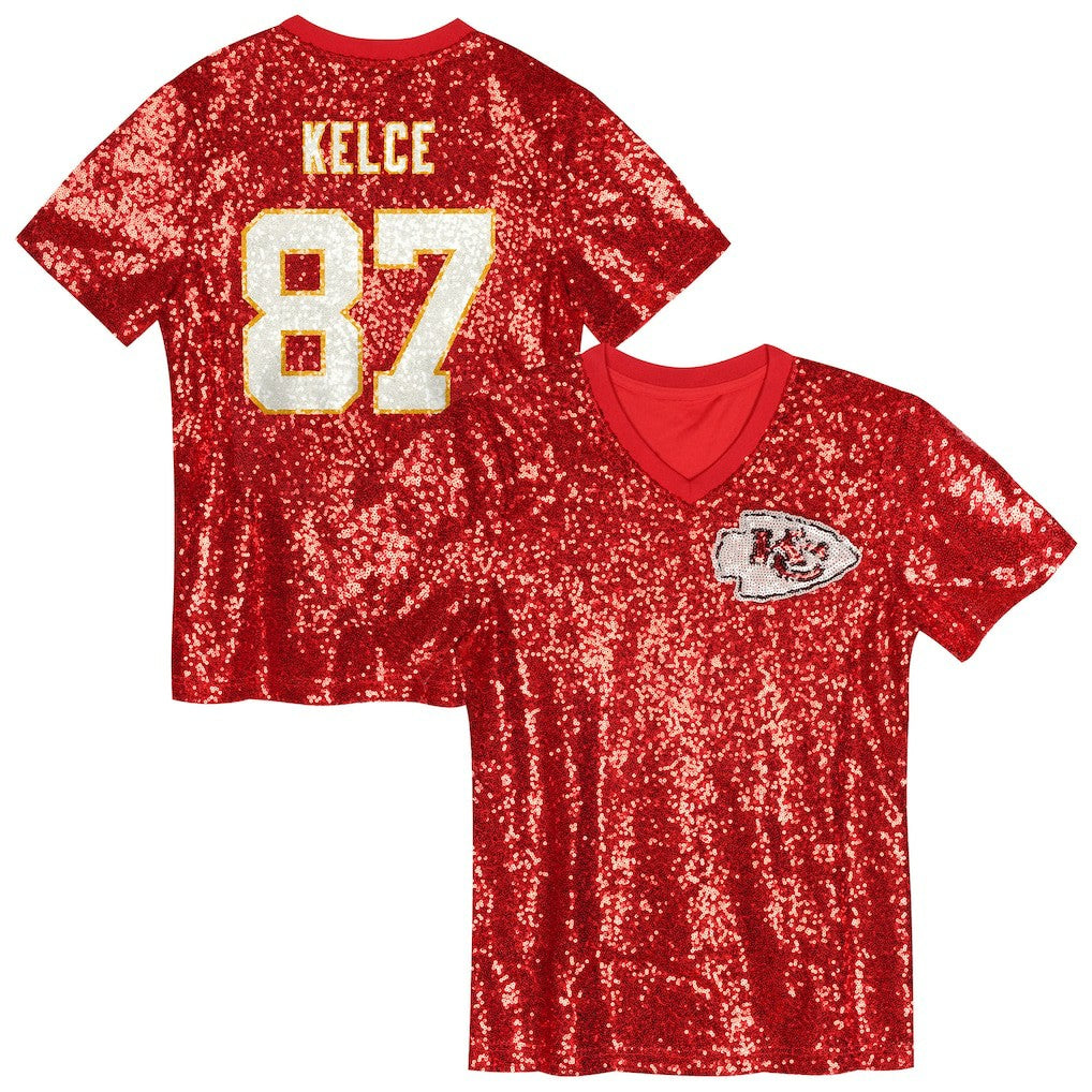 Travis Kelce  Girls Youth Sequin V-Neck Fashion Jersey - Kansas City Chiefs