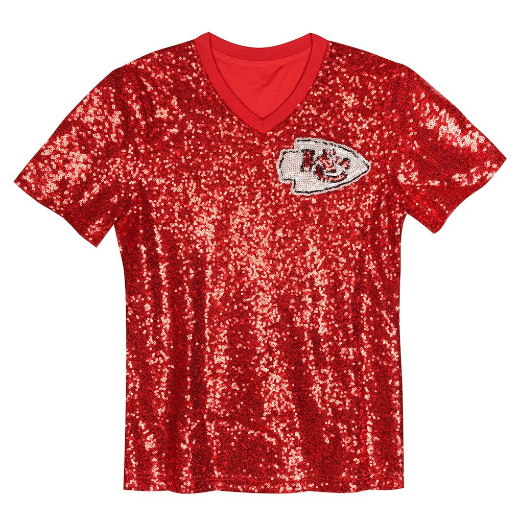 Travis Kelce  Girls Youth Sequin V-Neck Fashion Jersey - Kansas City Chiefs