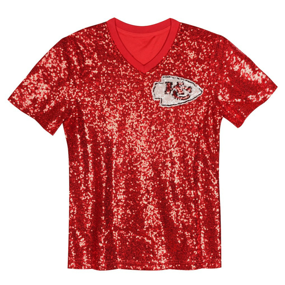 Travis Kelce  Girls Youth Sequin V-Neck Fashion Jersey - Kansas City Chiefs