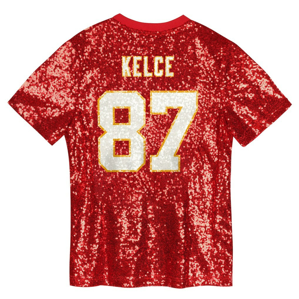 Travis Kelce  Girls Youth Sequin V-Neck Fashion Jersey - Kansas City Chiefs