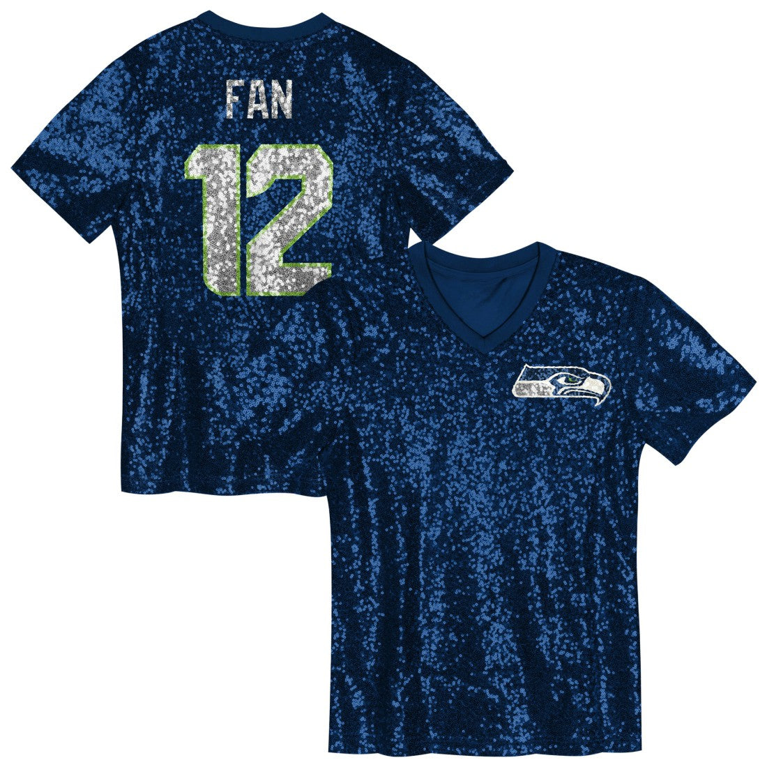 12 Fan  Girls Youth Sequin V-Neck Fashion Jersey - Seattle Seahawks