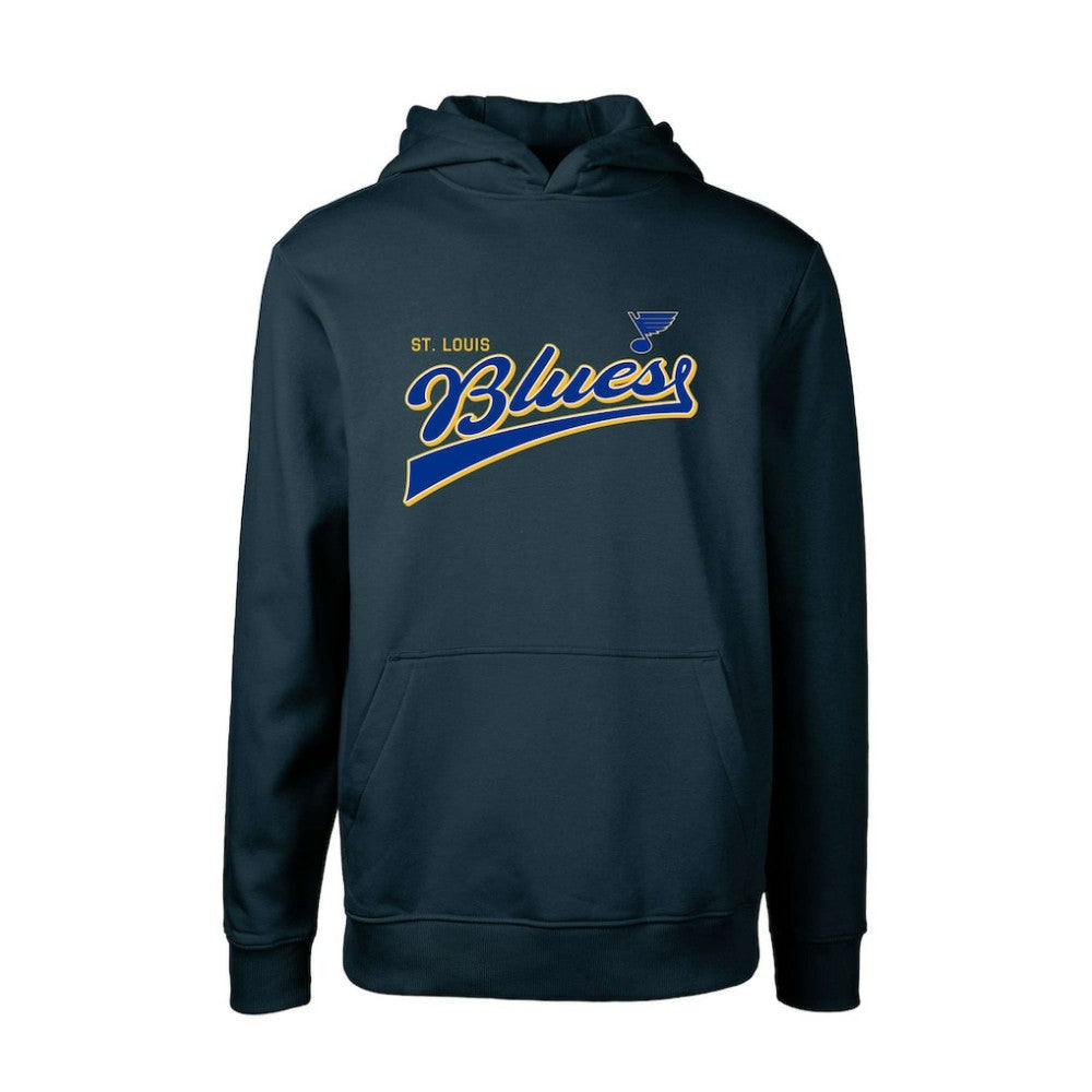 NHL Navy St. Louis Blues Levelwear Youth Podium Retro Script Fleece Pullover Hoodie