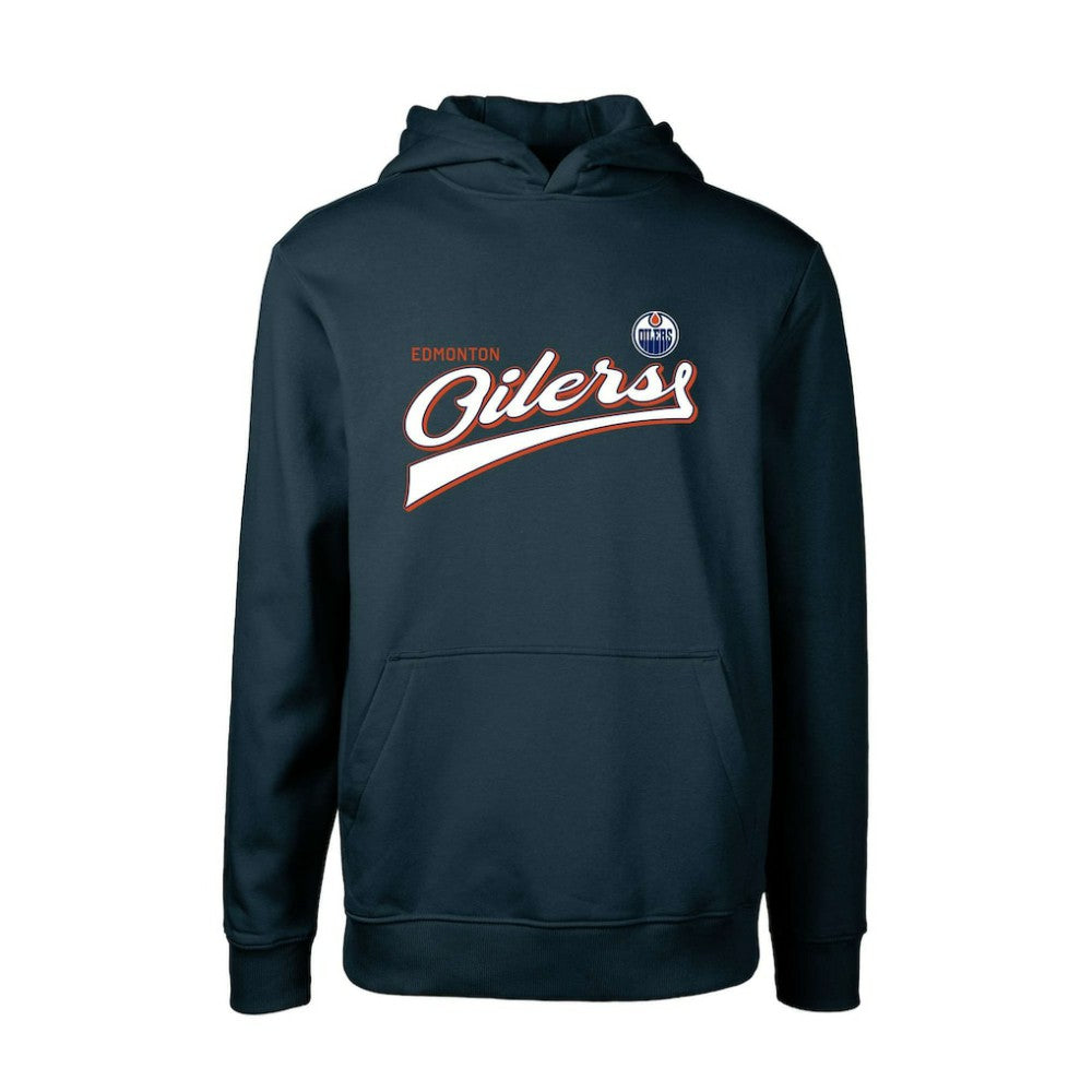NHL Navy Edmonton Oilers Levelwear Youth Podium Retro Script Fleece Pullover Hoodie