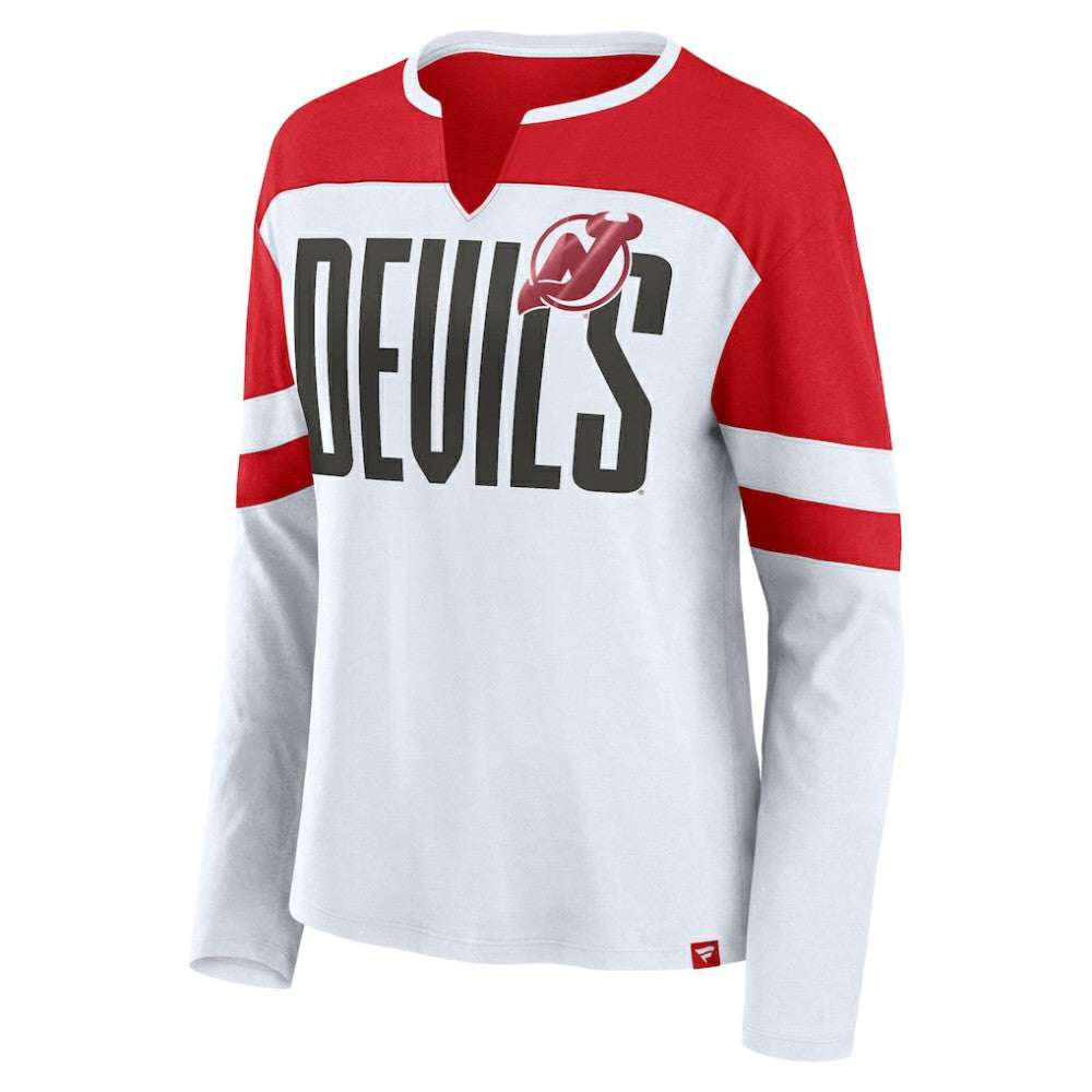 NHL White/Red New Jersey Devils Fanatics Women's Frozen Long Sleeve Notch Neck T-Shirt