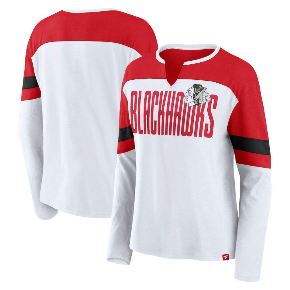 NHL White/Red Chicago Blackhawks Fanatics Women's Frozen Long Sleeve Notch Neck T-Shirt