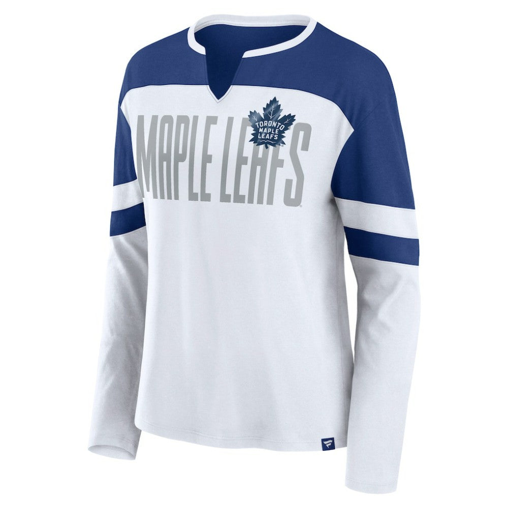 NHL White/Blue Toronto Maple Leafs Fanatics Women's Frozen Long Sleeve Notch Neck T-Shirt