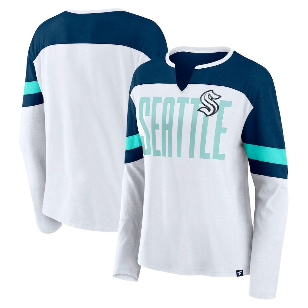 NHL White/Deep Sea Blue Seattle Kraken Fanatics Women's Frozen Long Sleeve Notch Neck T-Shirt