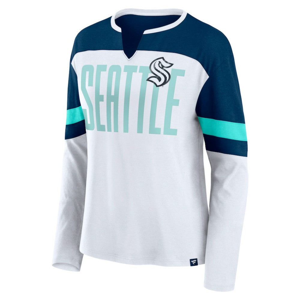 NHL White/Deep Sea Blue Seattle Kraken Fanatics Women's Frozen Long Sleeve Notch Neck T-Shirt