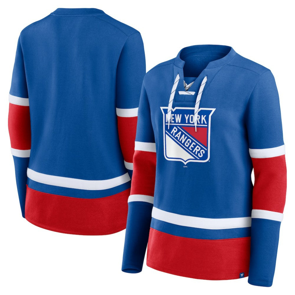 NHL Blue New York Rangers Fanatics Women's Prime Time Lace-Up Long Sleeve T-Shirt