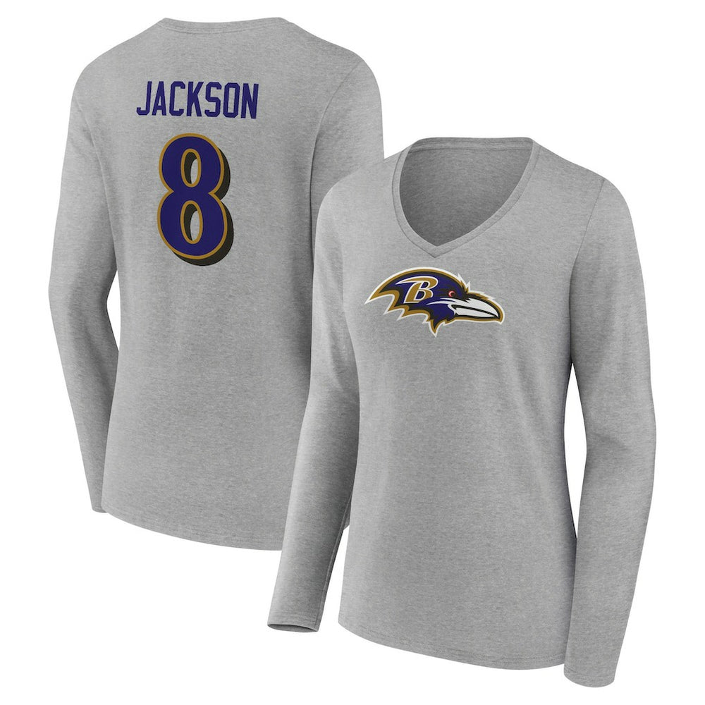 Lamar Jackson  Women's Icon Player Name & Number Long Sleeve V-Neck T-Shirt - Baltimore Ravens