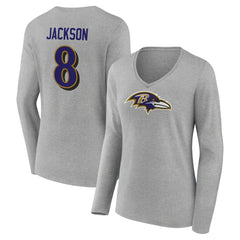 Lamar Jackson  Women's Icon Player Name & Number Long Sleeve V-Neck T-Shirt - Baltimore Ravens