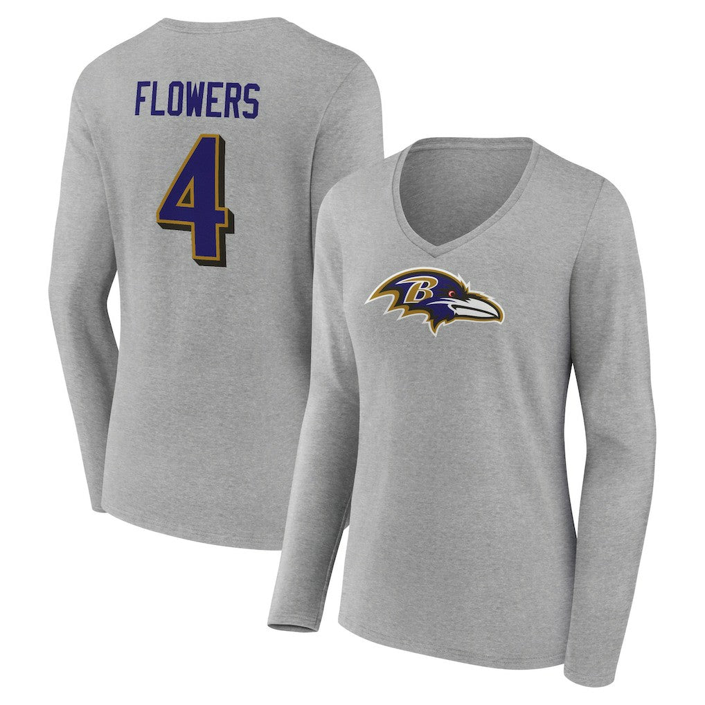 Zay Flowers  Women's Icon Player Name & Number Long Sleeve V-Neck T-Shirt - Baltimore Ravens