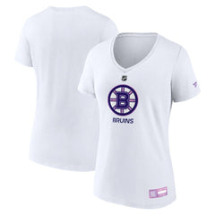 NHL White Boston Bruins Fanatics Women's 2024 Hockey Fights Cancer V-Neck T-Shirt