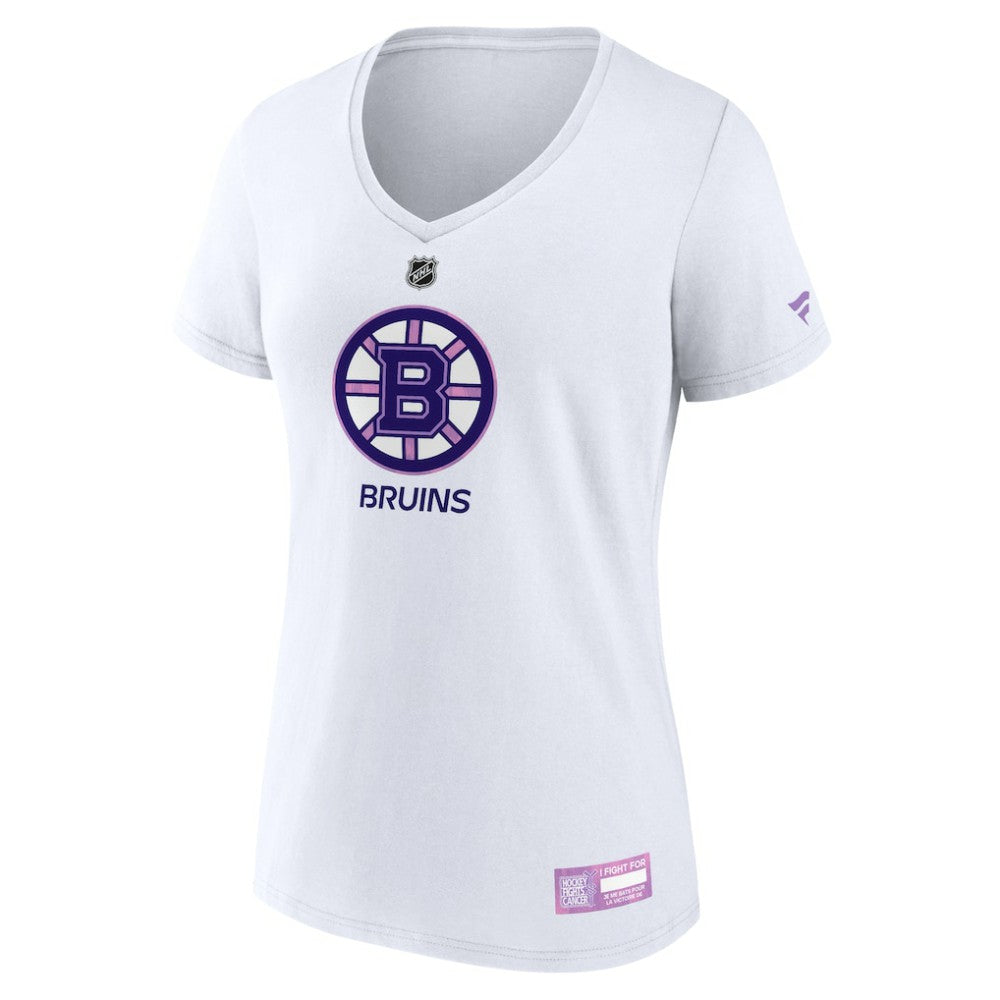 NHL White Boston Bruins Fanatics Women's 2024 Hockey Fights Cancer V-Neck T-Shirt