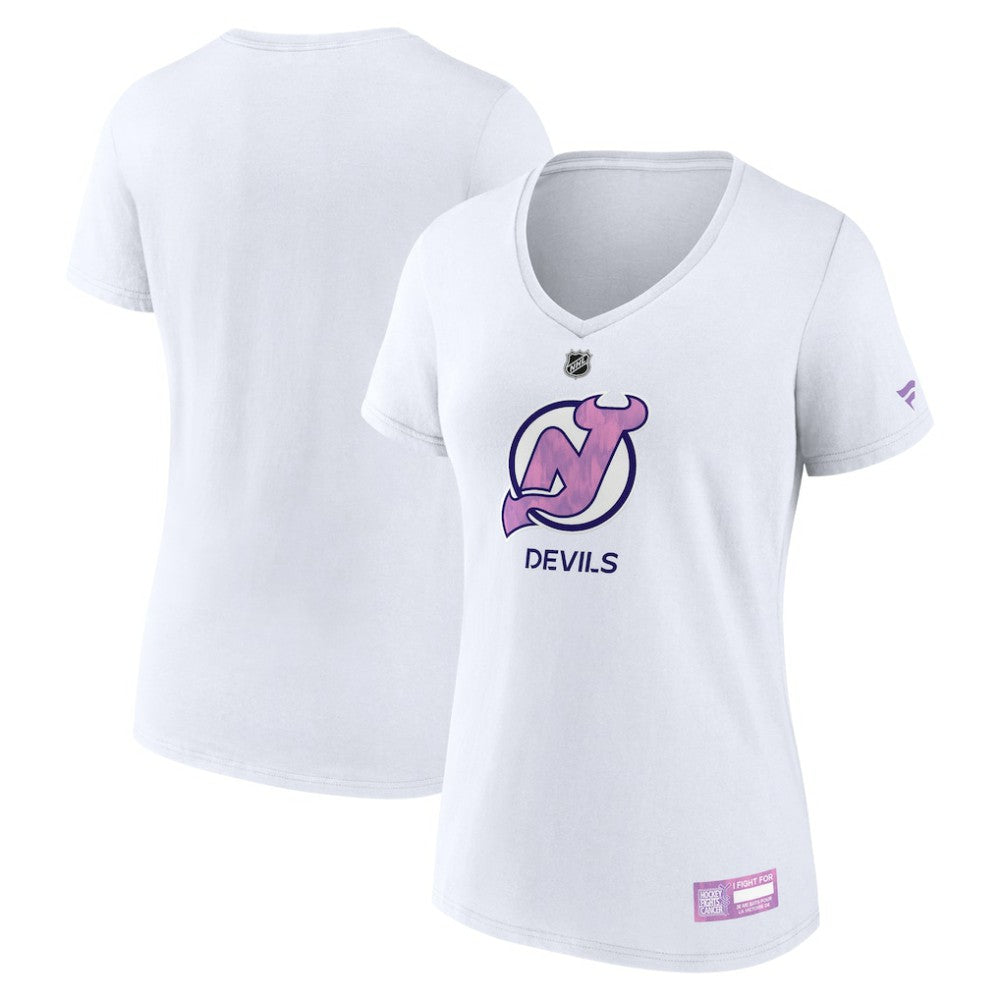 NHL White New Jersey Devils Fanatics Women's 2024 Hockey Fights Cancer V-Neck T-Shirt