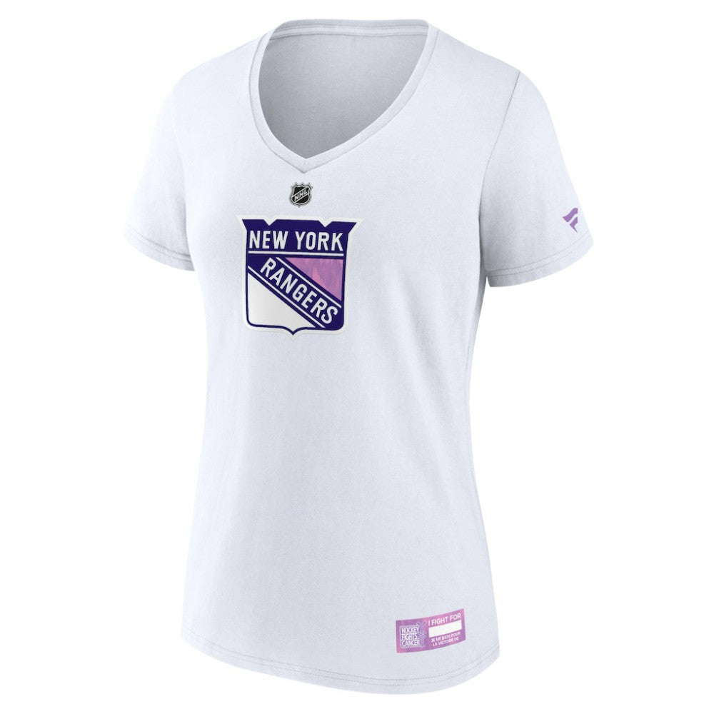 NHL White New York Rangers Fanatics Women's 2024 Hockey Fights Cancer V-Neck T-Shirt