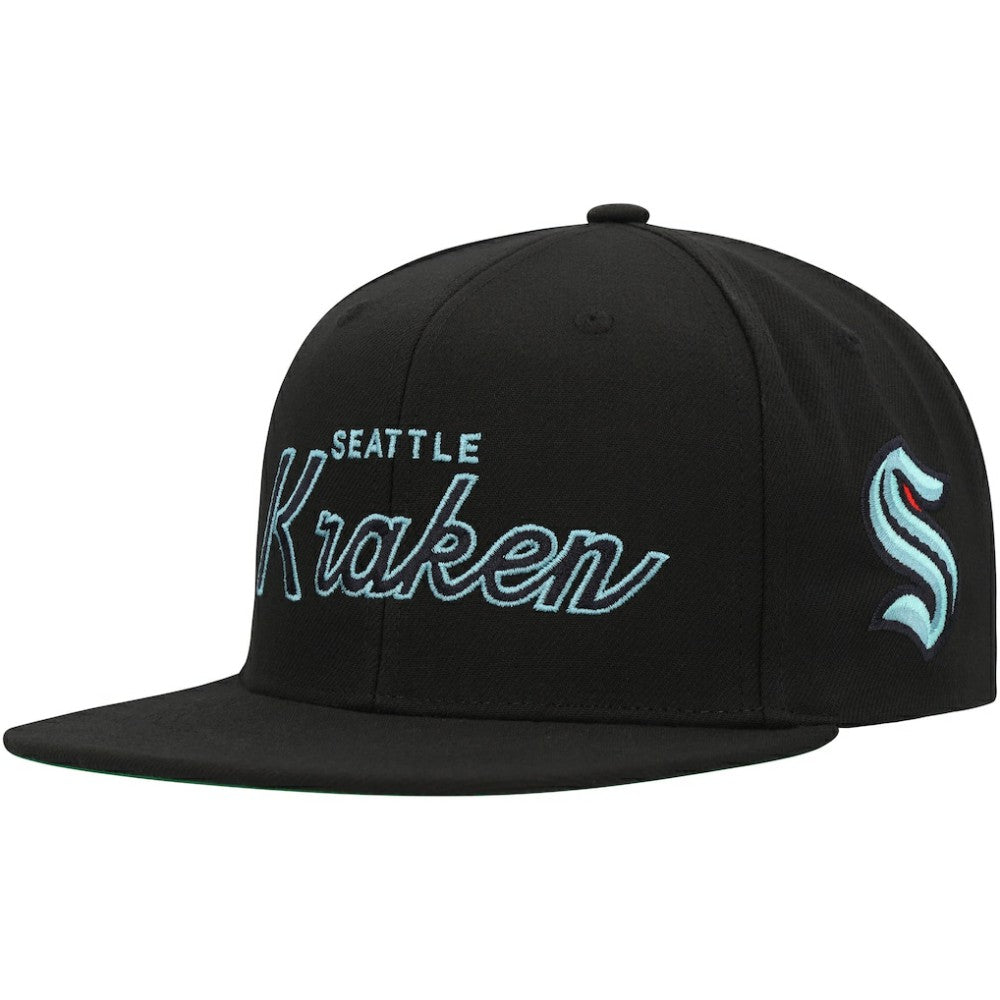 NHL Black Seattle Kraken Mitchell & Ness Core Team Script 2.0 Snapback Hat