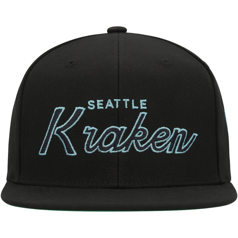 NHL Black Seattle Kraken Mitchell & Ness Core Team Script 2.0 Snapback Hat