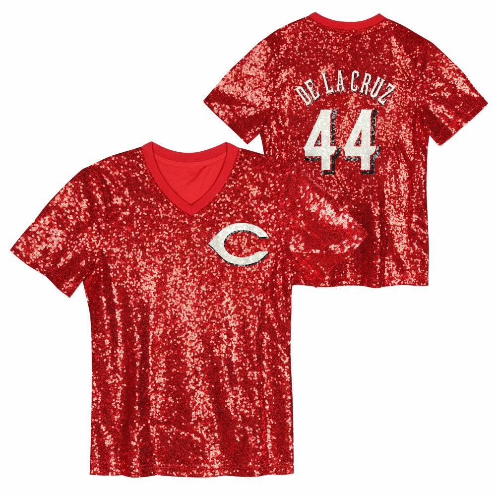 MLB Elly De La Cruz Cincinnati Reds Juniors Name & Number Sequin V-Neck Top