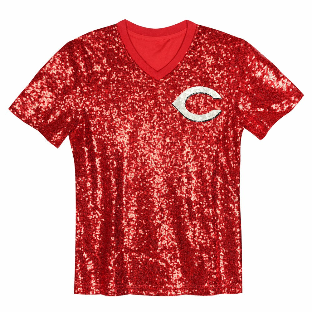 MLB Elly De La Cruz Cincinnati Reds Juniors Name & Number Sequin V-Neck Top