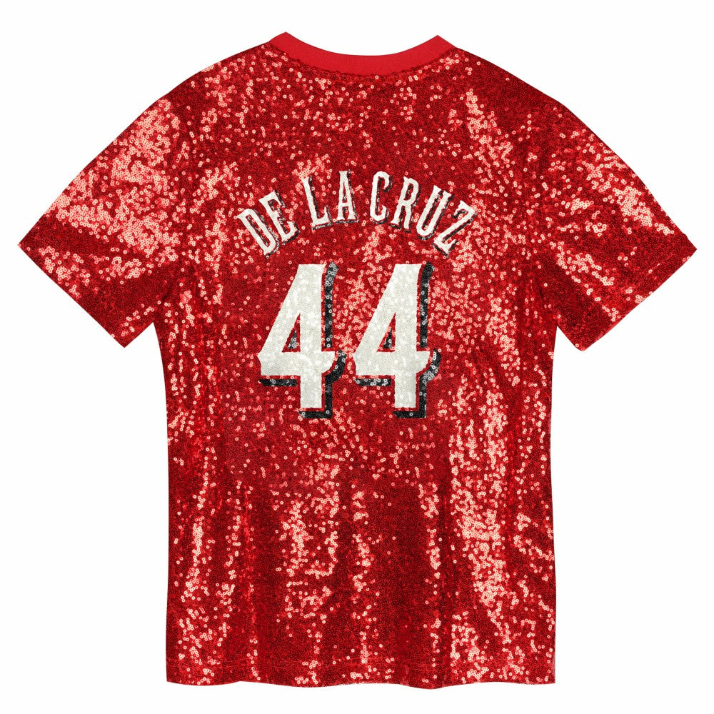 MLB Elly De La Cruz Cincinnati Reds Juniors Name & Number Sequin V-Neck Top
