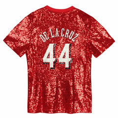 MLB Elly De La Cruz Cincinnati Reds Juniors Name & Number Sequin V-Neck Top