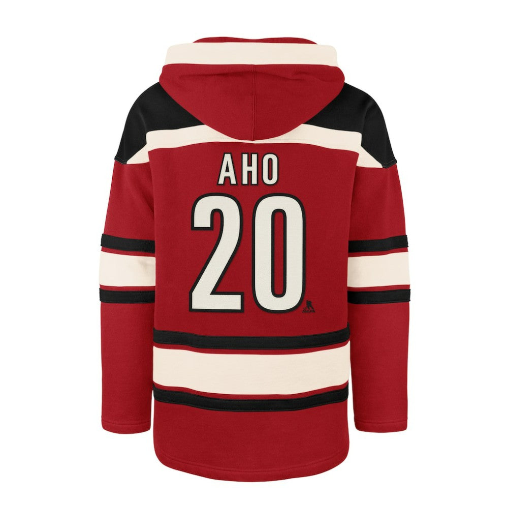 NHL Red Sebastian Aho Carolina Hurricanes '47 Player Name & Number Lacer Pullover Hoodie