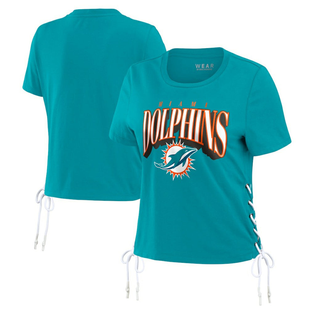 WEAR by Erin Andrews Women's Lace Up Side Modest Cropped T-Shirt - Miami Dolphins