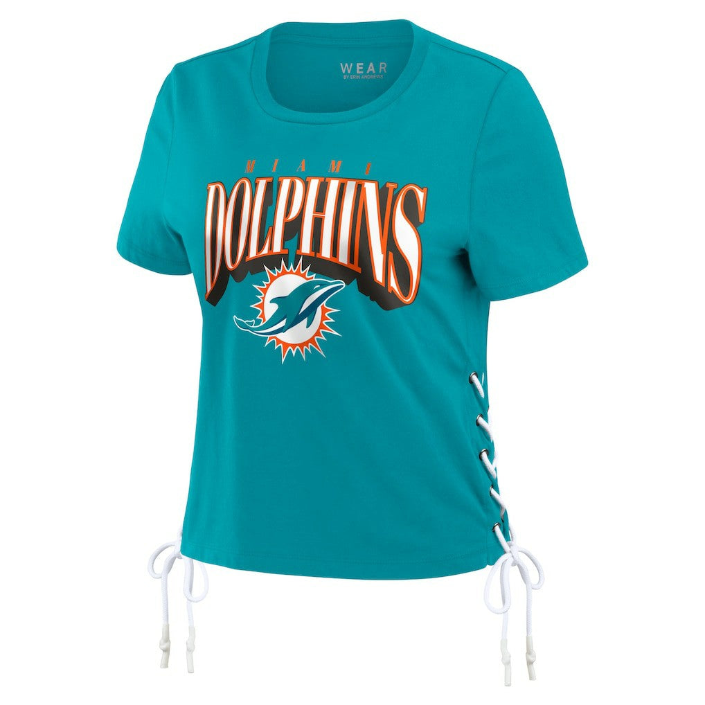 WEAR by Erin Andrews Women's Lace Up Side Modest Cropped T-Shirt - Miami Dolphins