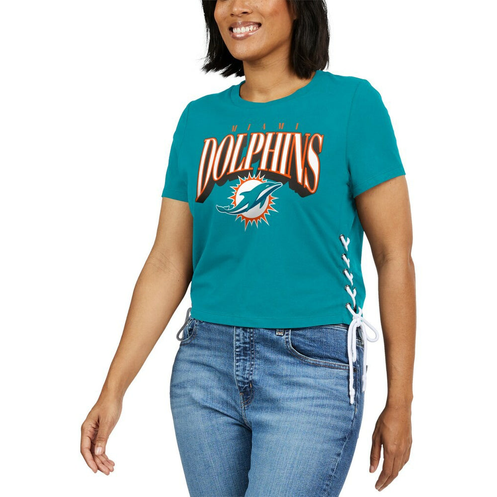 WEAR by Erin Andrews Women's Lace Up Side Modest Cropped T-Shirt - Miami Dolphins