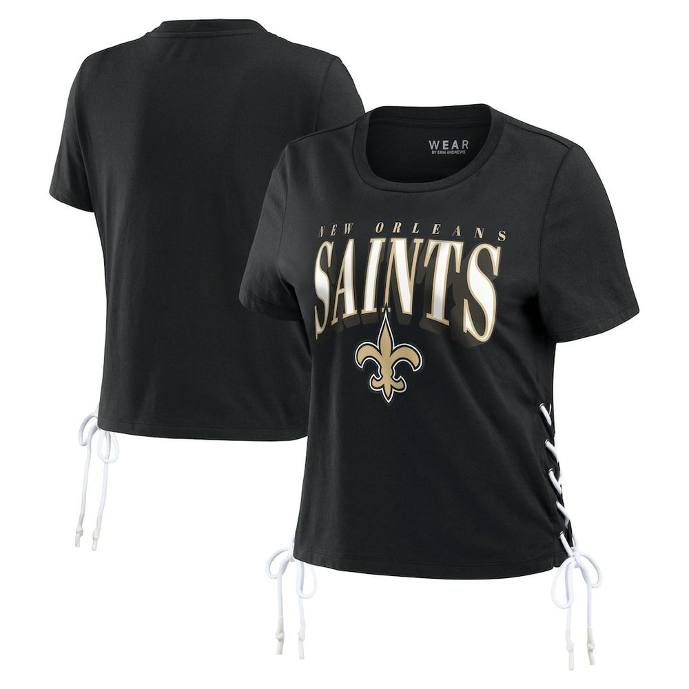 WEAR by Erin Andrews Women's Lace Up Side Modest Cropped T-Shirt - New Orleans Saints