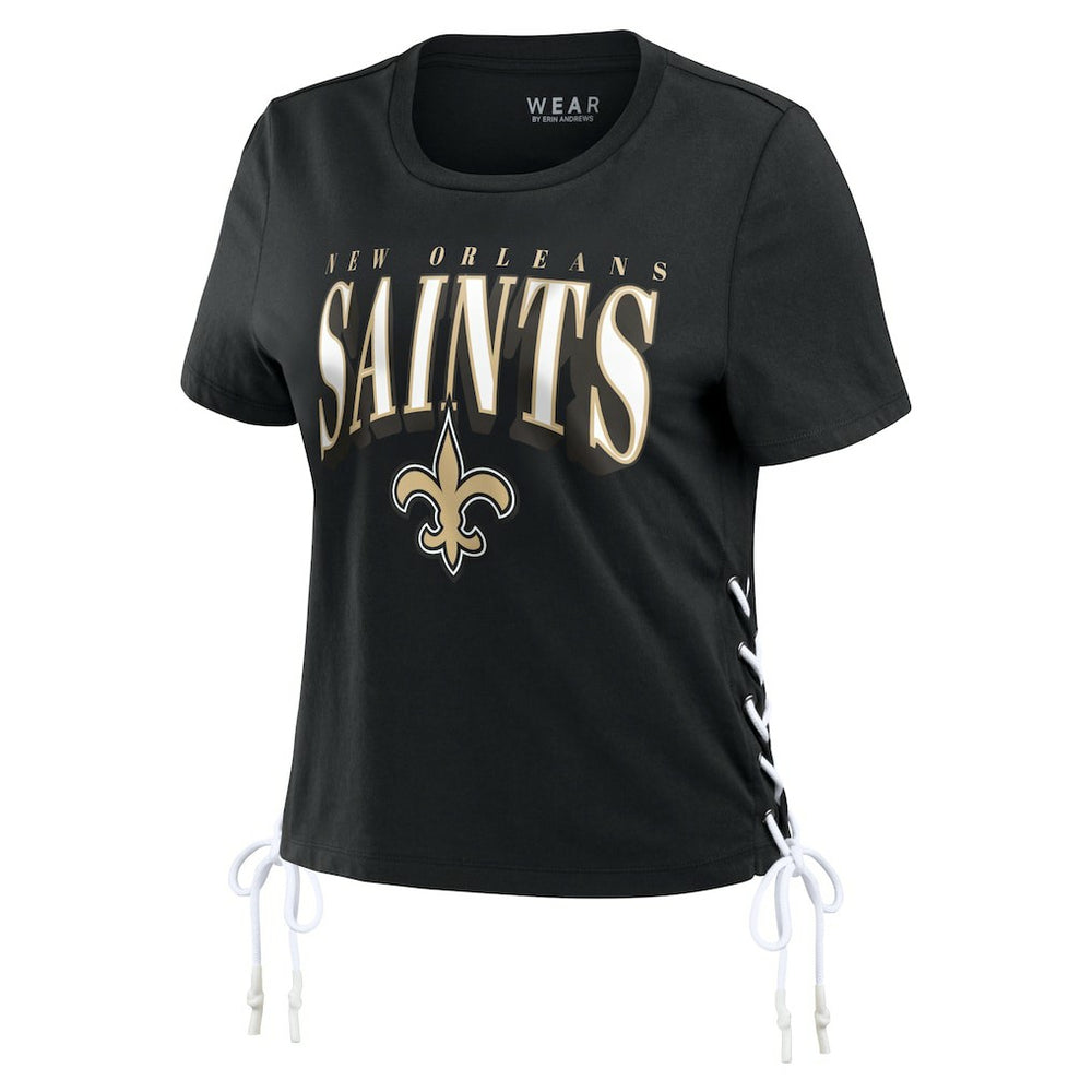 WEAR by Erin Andrews Women's Lace Up Side Modest Cropped T-Shirt - New Orleans Saints
