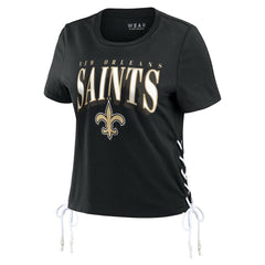 WEAR by Erin Andrews Women's Lace Up Side Modest Cropped T-Shirt - New Orleans Saints