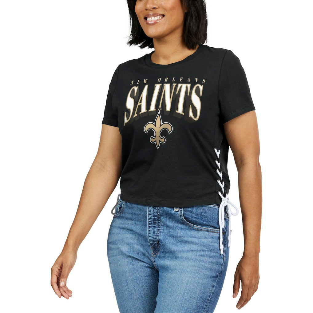 WEAR by Erin Andrews Women's Lace Up Side Modest Cropped T-Shirt - New Orleans Saints