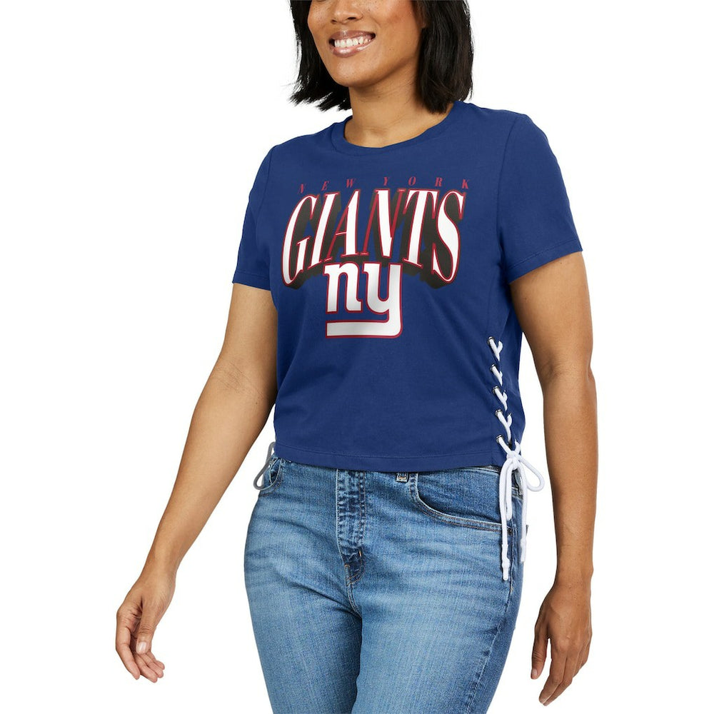 WEAR by Erin Andrews Women's Lace Up Side Modest Cropped T-Shirt - New York Giants