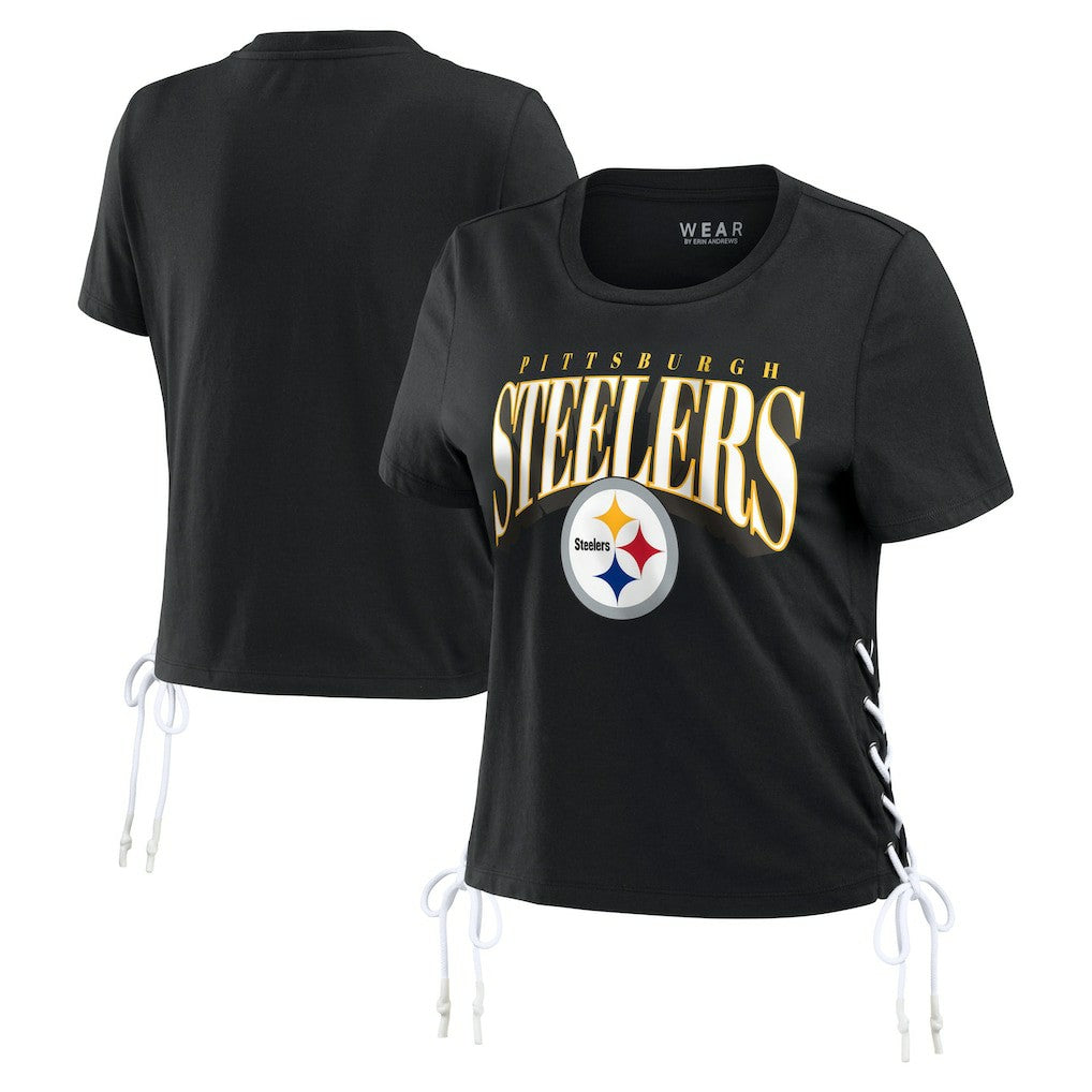 WEAR by Erin Andrews Women's Lace Up Side Modest Cropped T-Shirt - Pittsburgh Steelers