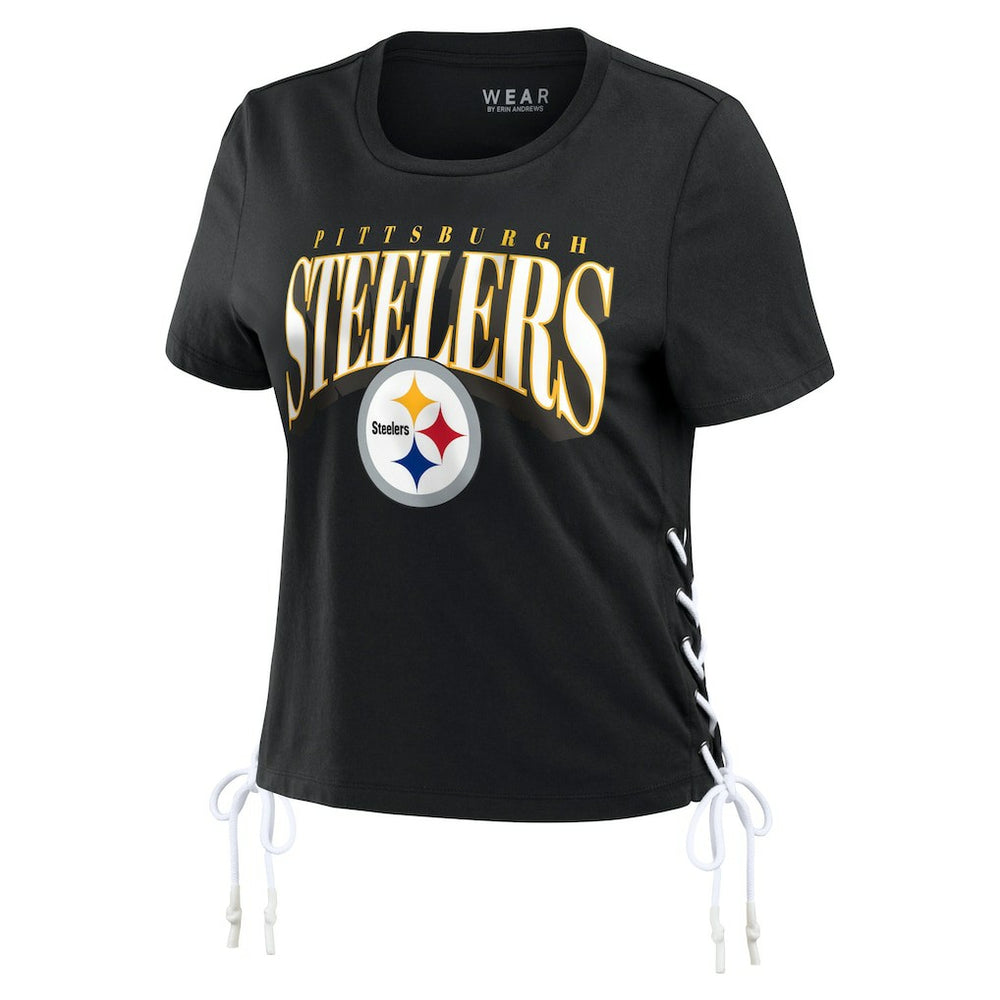 WEAR by Erin Andrews Women's Lace Up Side Modest Cropped T-Shirt - Pittsburgh Steelers