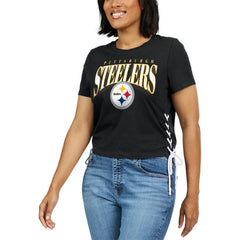 WEAR by Erin Andrews Women's Lace Up Side Modest Cropped T-Shirt - Pittsburgh Steelers