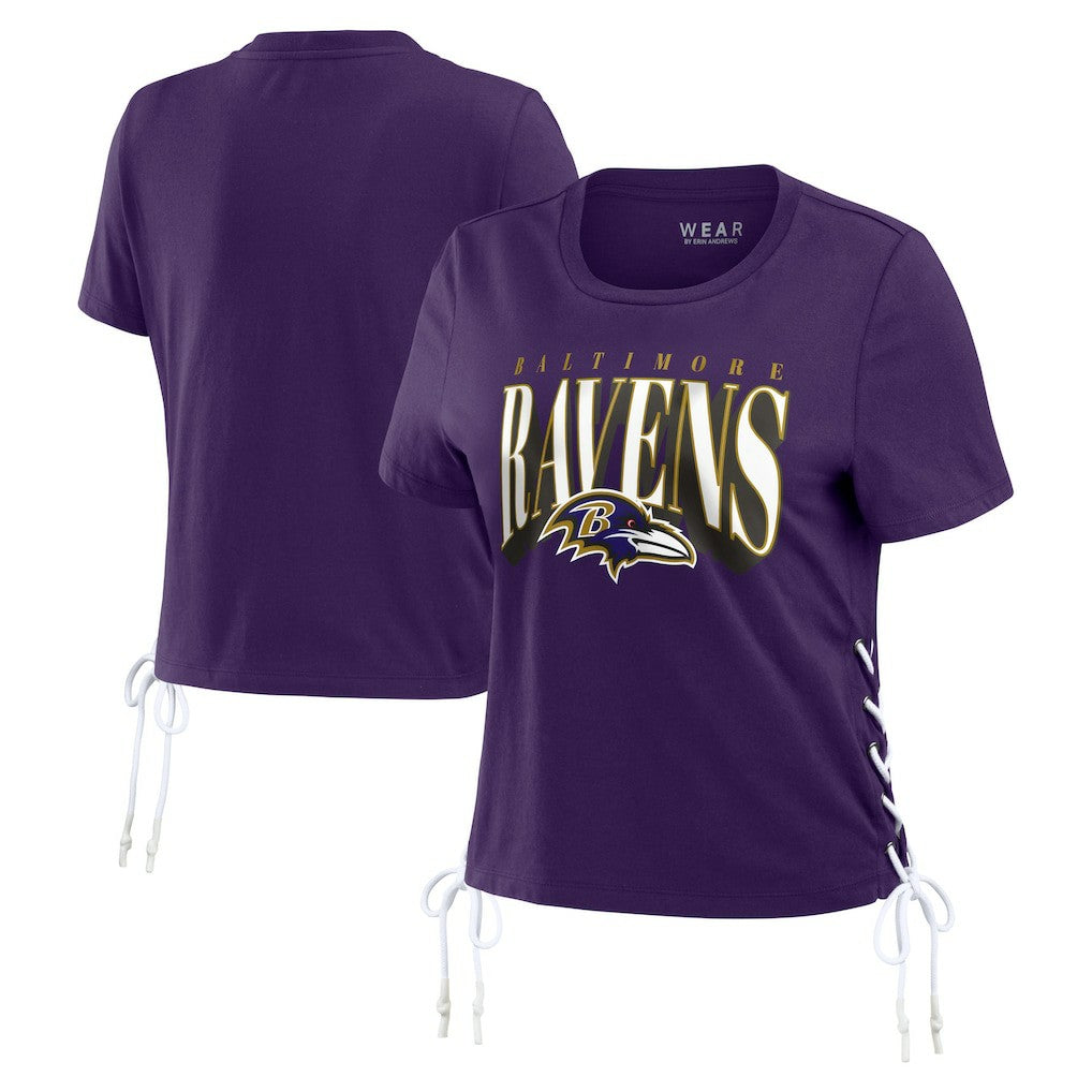 WEAR by Erin Andrews Women's Lace Up Side Modest Cropped T-Shirt - Baltimore Ravens