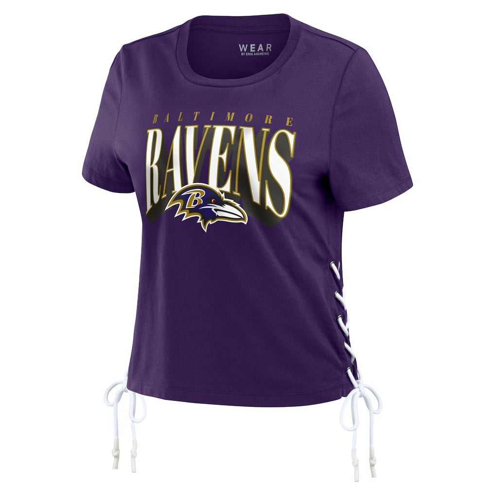 WEAR by Erin Andrews Women's Lace Up Side Modest Cropped T-Shirt - Baltimore Ravens