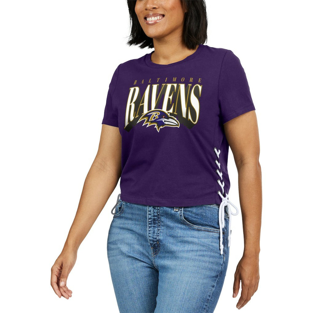 WEAR by Erin Andrews Women's Lace Up Side Modest Cropped T-Shirt - Baltimore Ravens